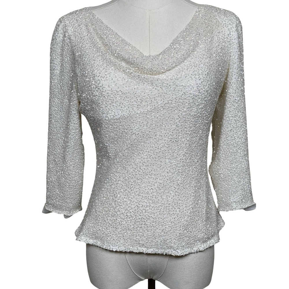 Vintage Laurence Kazar Beaded Silk Top Women PS White‎ Cowl Neck 3/4 Sleeve 90s
